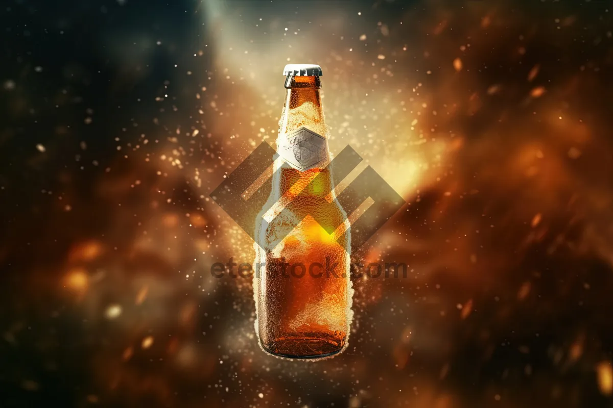 Picture of Refreshment Celebration: Cold Lager Beer Bottle Gold Foamy Bubbles