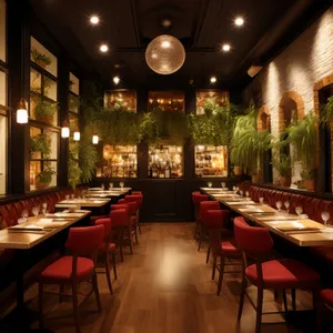 Modern restaurant interior design with wooden chairs and tables