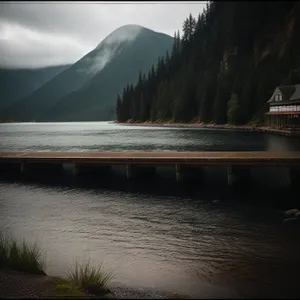 Serene Sunset Over Majestic Mountains at Lakeside