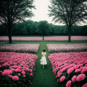 Spring Garden with Colorful Flowers and Lush Trees