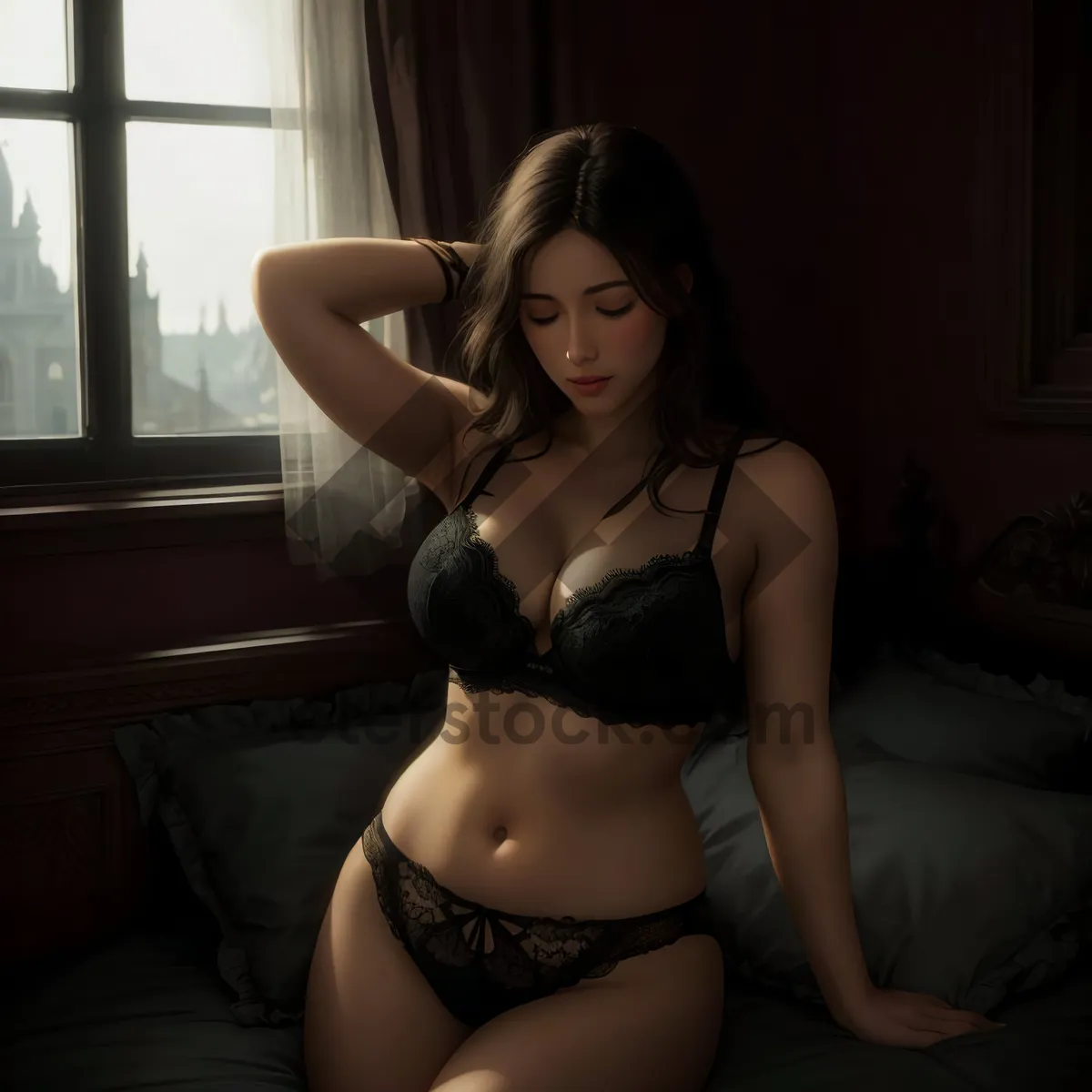 Picture of Sexy brunette model posing in black lingerie