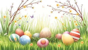 Colorful Easter Egg Decoration with Grass and Ornaments