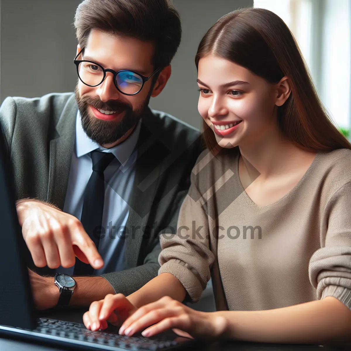 Picture of An experienced employee teaches a young employee how to use a specialized program. AI, generation, illustration.