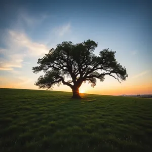 Lonely Oak Tree in Summer Sky Landscape.