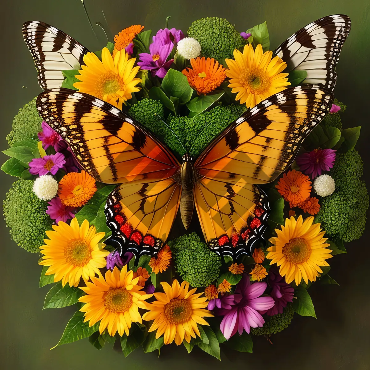 Picture of Vibrant Sunflower Garden Blossom with Peacock Butterfly