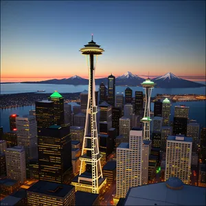 Urban Skyline with Iconic Skyscrapers and Electric Guitar