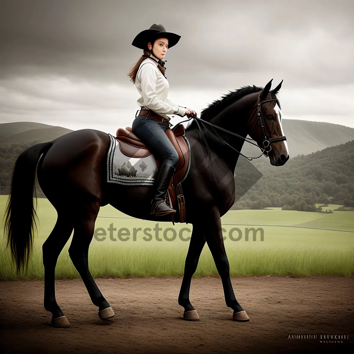 Picture of Brown Stallion in Equestrian Stock Saddle