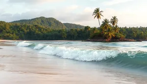 Tropical paradise beach holiday with palm trees and waves.