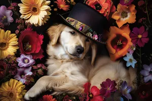 Happy Golden Retriever Pup with Feather Boa