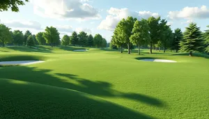 Scenic golf course with flag under sunny sky