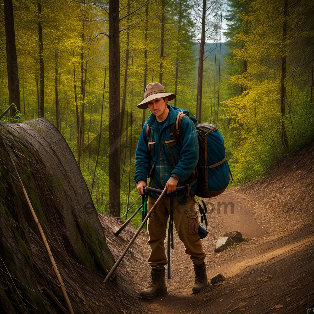 Picture of Male Hiker with Bow and Arrow in Outdoor Landscape