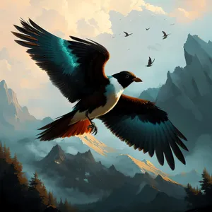 Majestic Magpie Taking Flight Over Serene Lake