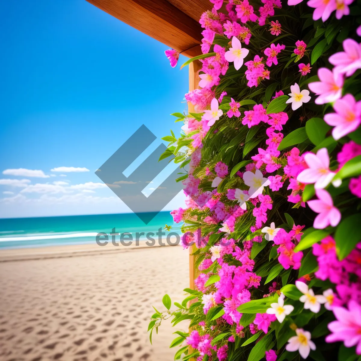 Picture of Serene Tropical Beachscape with Pink Flowers and Blue Waves