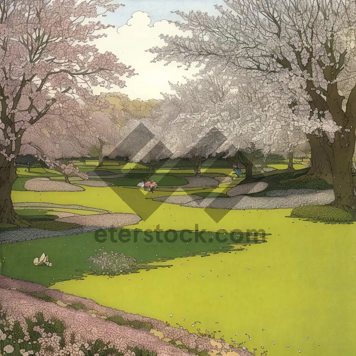 Picture of Rural golf course with flag and trees.