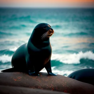 Majestic King Penguin and Playful Sea Lion by the Ocean