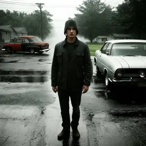 Adult Man Walking on Sidewalk with Car in Background