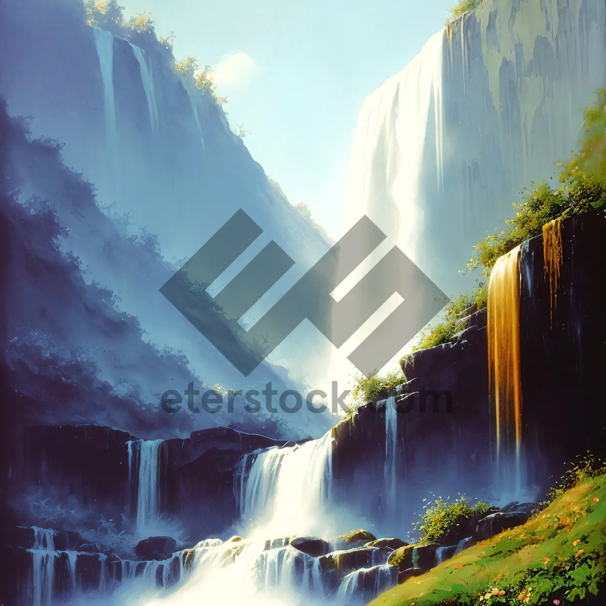 Picture of Wild Serene Ravine with Waterfall Flowing through Rock Obstruction