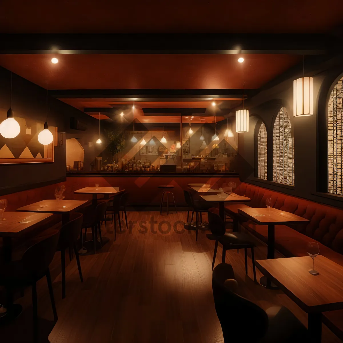 Picture of Modern restaurant interior design with empty chairs and tables.