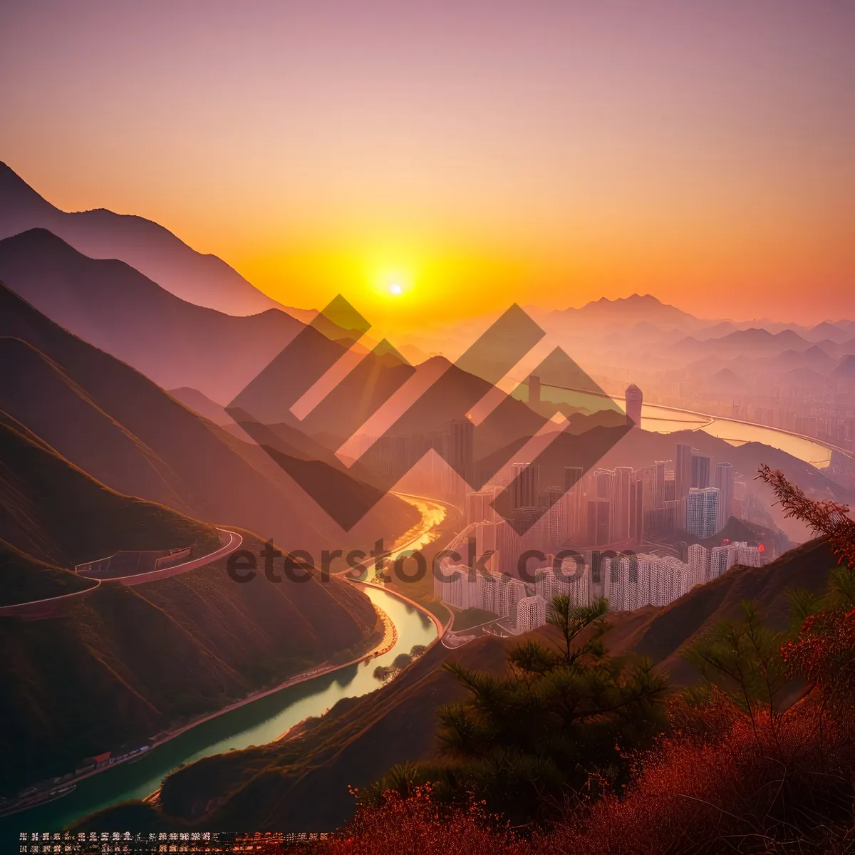 Picture of Majestic Horizon: Enchanting Sunset over Mountain Valley