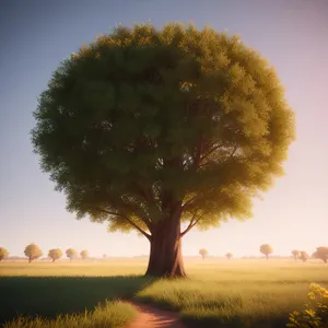 Sunset over a Vibrant Green Meadow