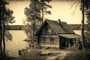 Rustic wooden boathouse in rural landscape.