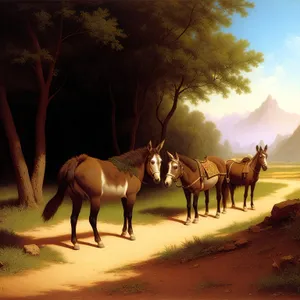 Wild Grazing Horses on Rural Pasture