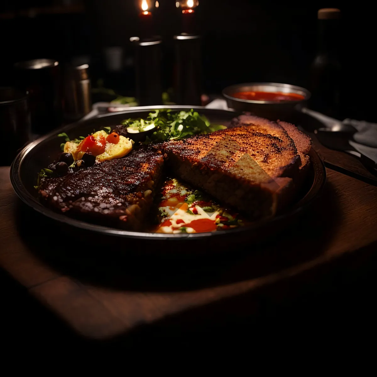 Picture of Delicious gourmet plate with fresh vegetables and steak