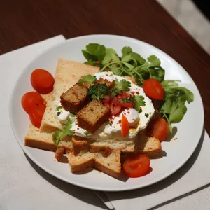 Delicious gourmet chicken salad with fresh vegetables and cheese