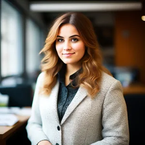 Attractive brunette businesswoman smiling in casual attire.