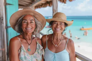 Smiling woman in bikini on tropical beach vacation.