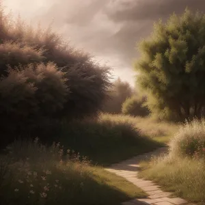 Serene Sunset Over Rural Meadow and Tree-lined Horizon