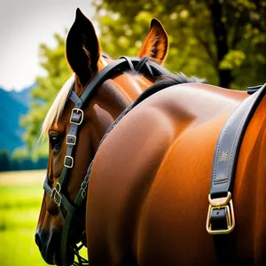 Brown Stallion in a Rural Equestrian Field