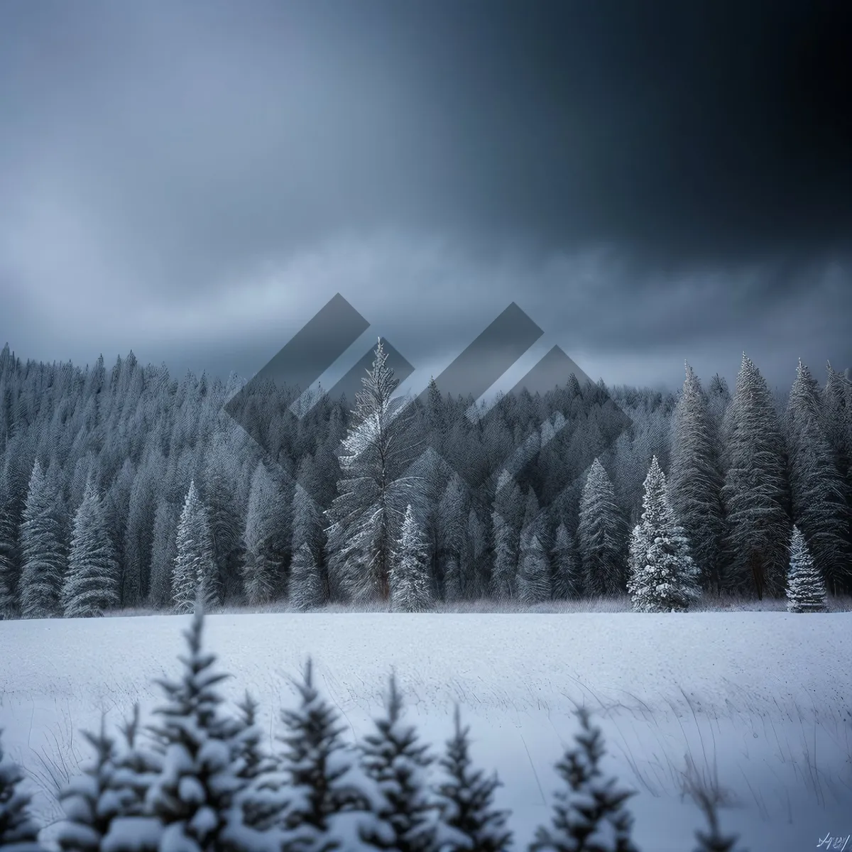 Picture of Snowy Winter Landscape with Majestic Mountains and Evergreen Forest