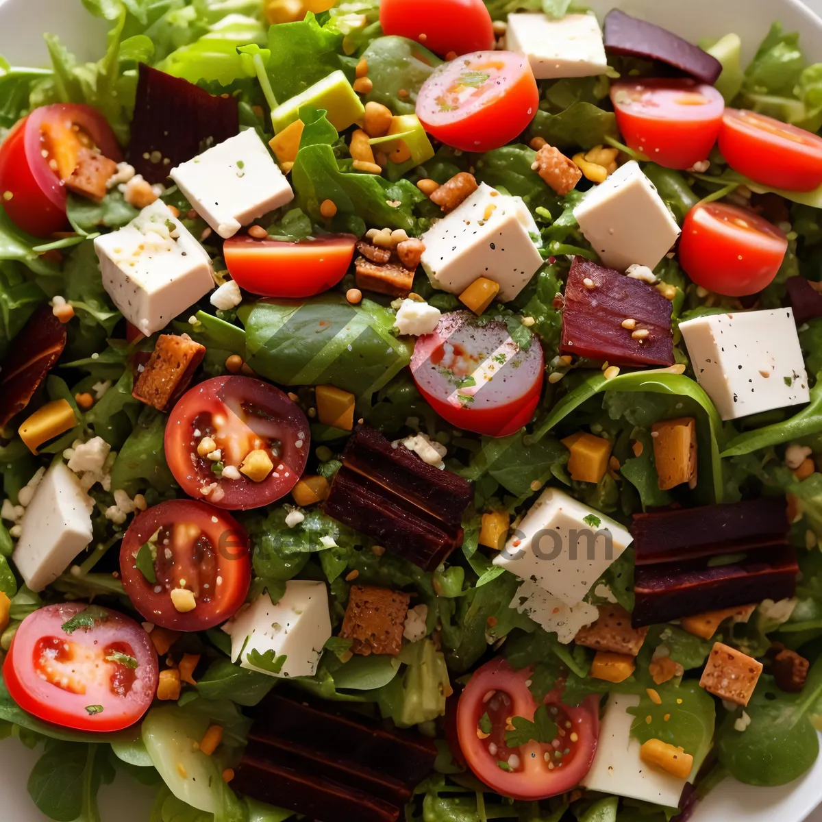 Picture of Fresh and healthy vegetable salad with tomatoes and cucumbers.