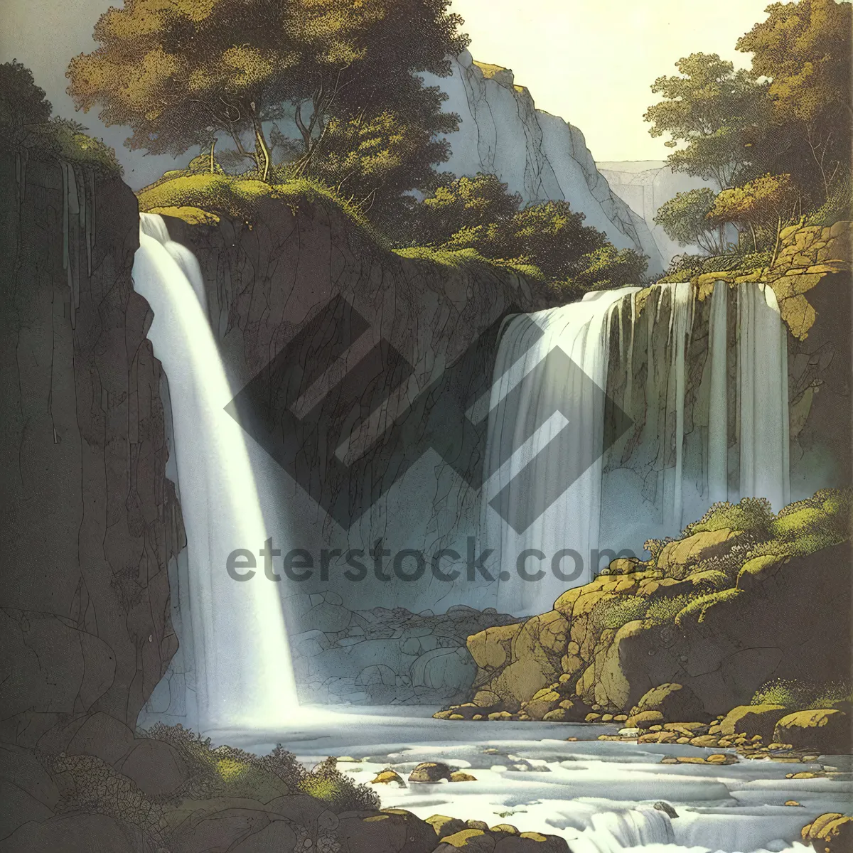 Picture of Cascading Serenity: A Majestic Mountain Waterfall