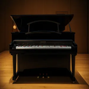 Black grand piano in home music room spotlight