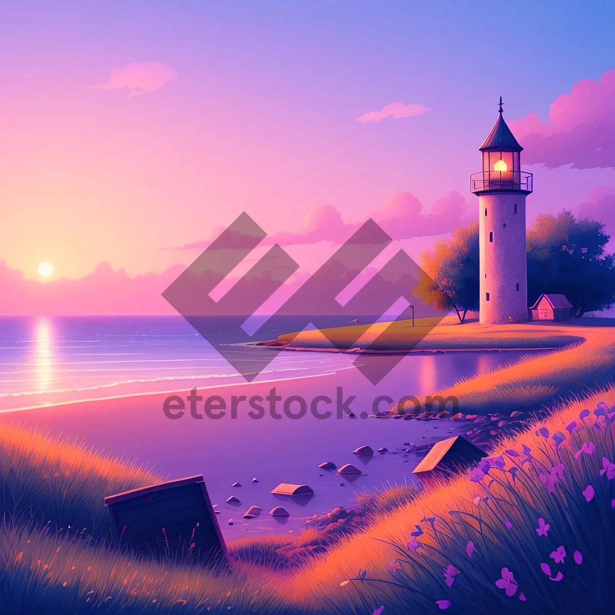 Picture of Coastal Lighthouse at Sunset: Majestic Beacon overlooking the Ocean