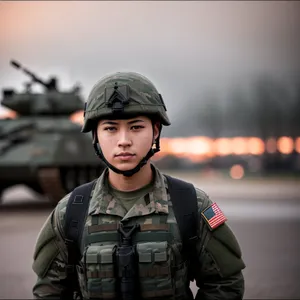 Happy Soldier Wearing Bulletproof Vest and Helmet