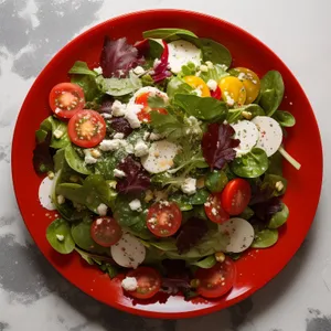 Fresh Vegetable Salad on Plate with Cheese and Nutritious Dressing