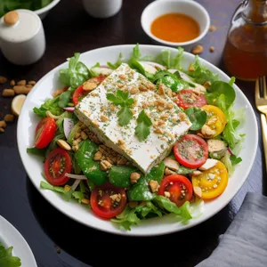 Gourmet salad with fresh vegetables and tasty sauce.