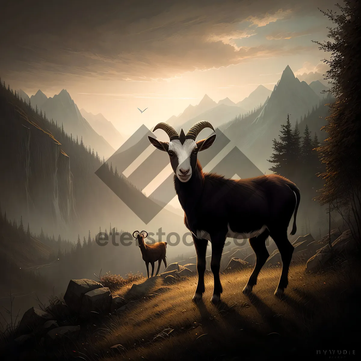 Picture of Wild Mountain Sheep in Forest Wilderness