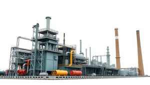 Industrial Riverscape with Factory, Tower, and Tugboat