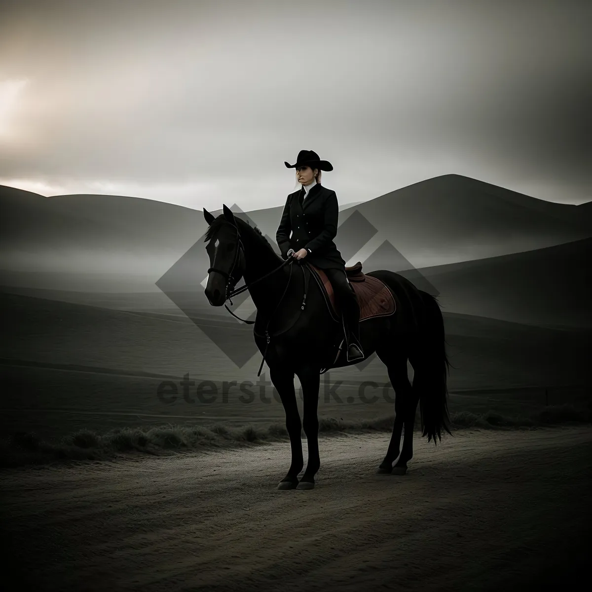 Picture of Sunset Cowboy: Majestic horse silhouetted against the vibrant sky.