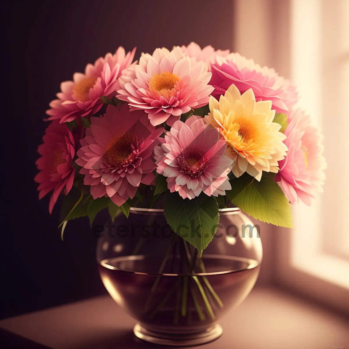 Picture of Colorful Summer Floral Bouquet in Yellow Vase