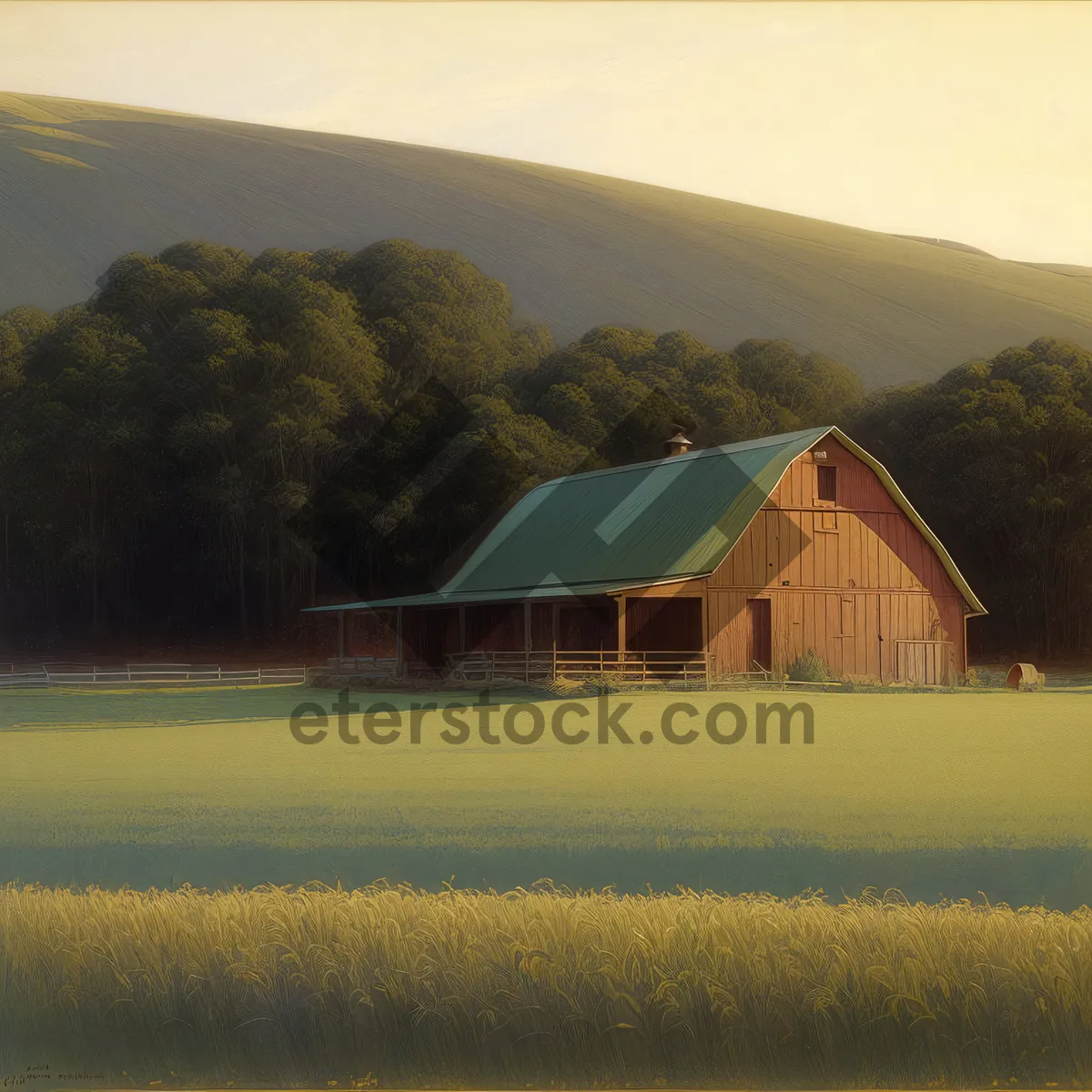 Picture of Rural Barn against Serene Country Landscape