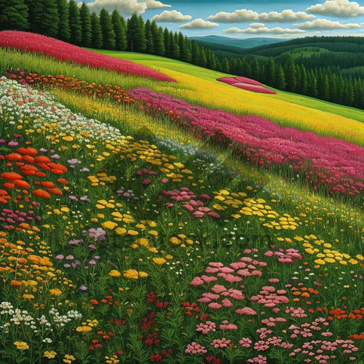 Picture of Vibrant Tulips in Colorful Meadow"
"Sunflowers Blooming in Sunny Field"
"Lush Wildflowers Painting the Countryside"
"Serene Landscape with Blossoming Field"
"Tranquil Garden with Yellow Tulips and Green Grass