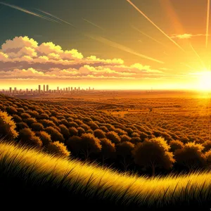 Idyllic Sunrise Over Meadow and Farmland