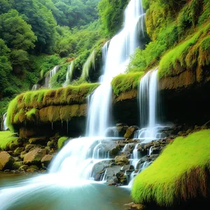 Enchanting Cascading Waterfall in Serene Forest Landscape