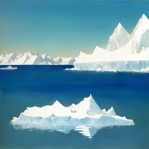 Serene Arctic Landscape: A Frozen Ocean Surface with Majestic Icebergs and Clouds
