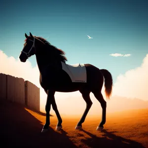 Brown horse in rural farm field grazing peacefully.